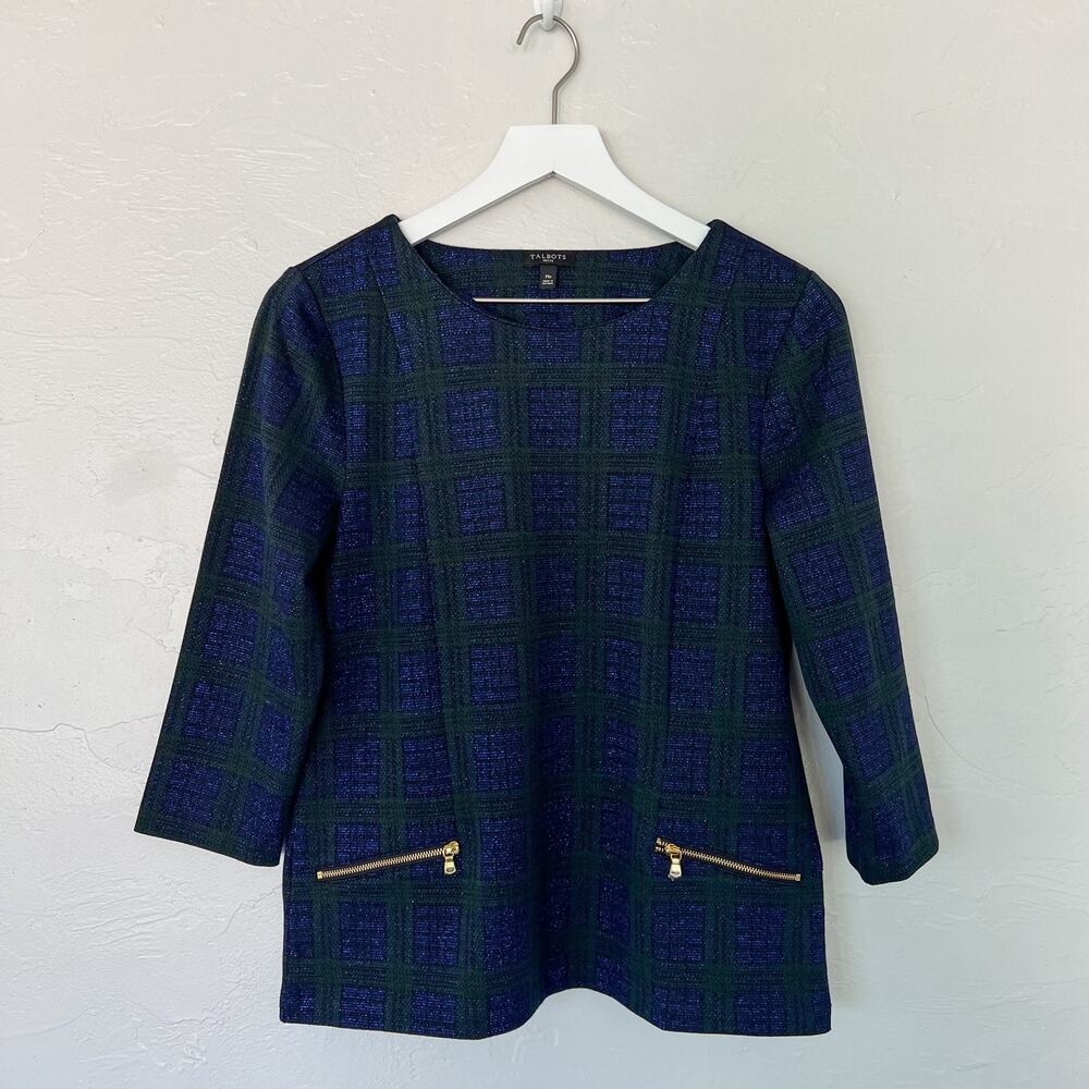 Talbots Black Watch Shimmery Plaid Zip Pocket Jacquard Top Medium Petite
